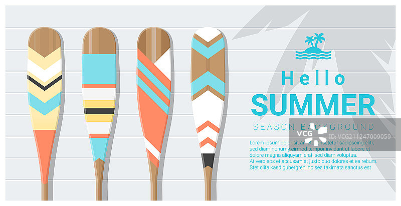 你好夏季背景与彩绘独木舟桨图片素材