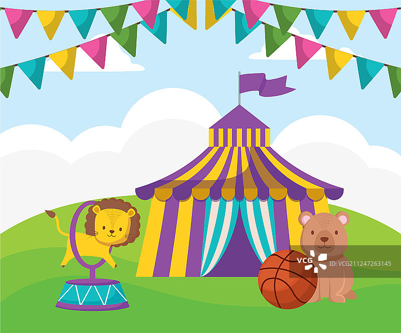 可爱的马戏团狮子跳环在帐篷图片素材