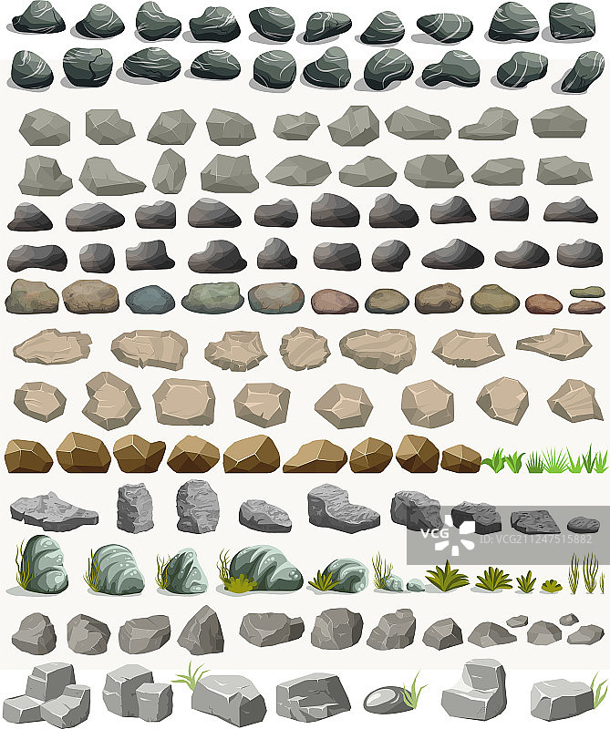 石头与草的卡通设置在平面风格图片素材