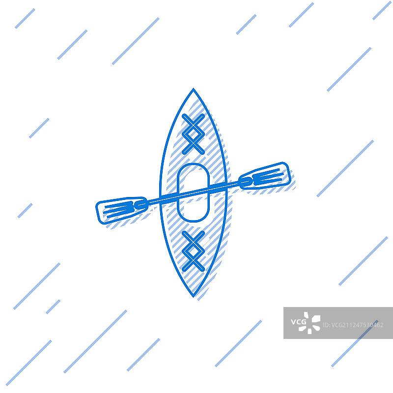 蓝色皮艇和桨线图标隔离在白色图片素材