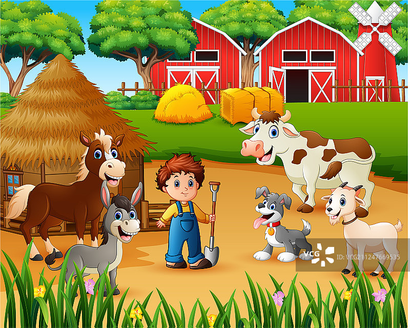 农家院子里的农民和农场动物图片素材