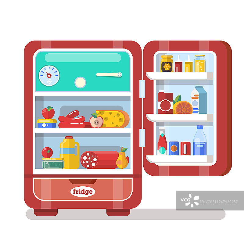 老式的红色打开的冰箱里装满了食物图片素材