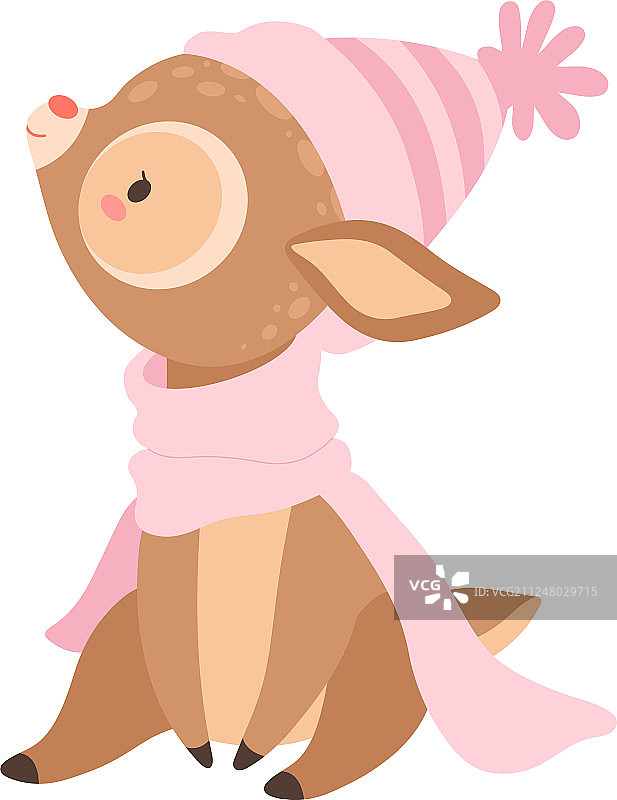 可爱的小鹿戴着粉红色的针织帽子和围巾图片素材