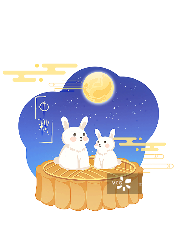 两只兔子爬月饼望月免扣装饰插画元素图片素材