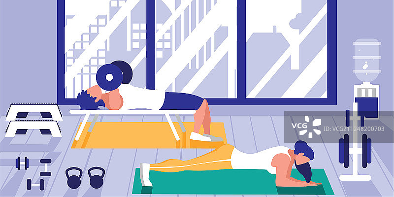 年轻的运动夫妇在健身房做胸部俯卧撑图片素材