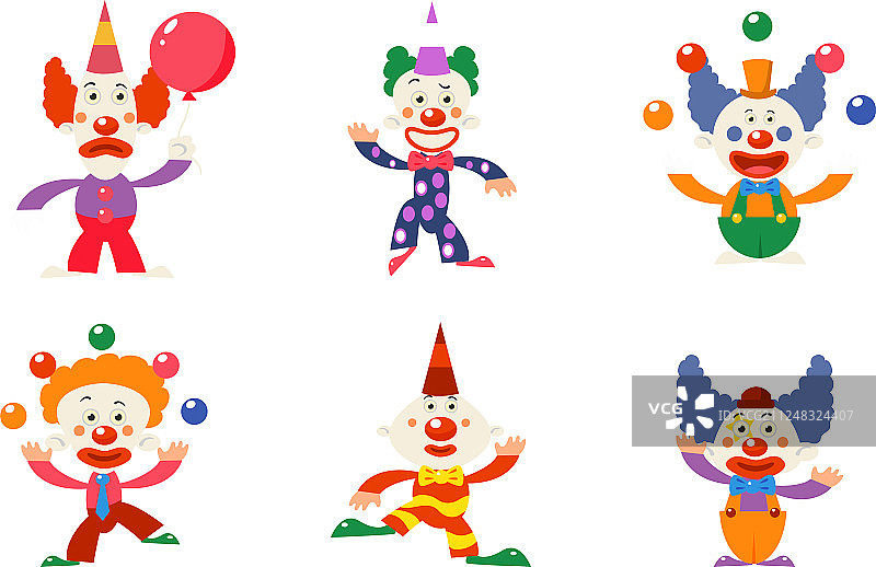 扁平的6个不同的滑稽小丑图片素材