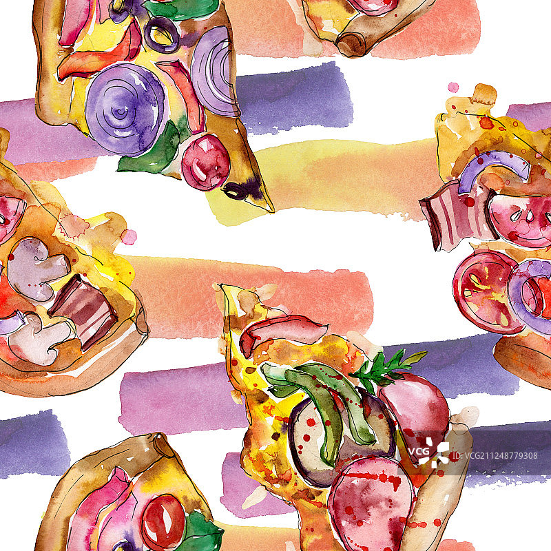 快餐意大利披萨在一个水彩风格孤立设置。水彩无缝背景图案。图片素材