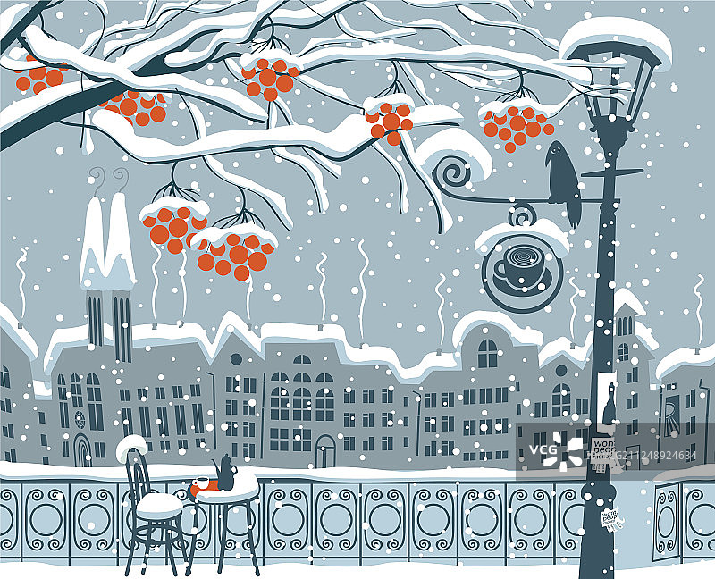 冬季城市景观与街头咖啡馆灯笼鸟图片素材