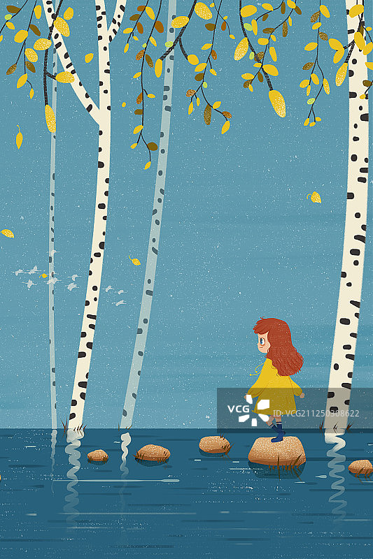 落叶的白桦树在水边石头上走路的女孩 二十四节气霜降插画图片素材