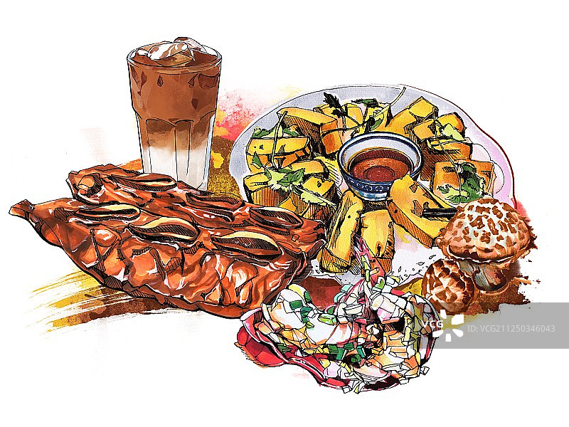 美食手绘插画 海报横幅套餐图片素材