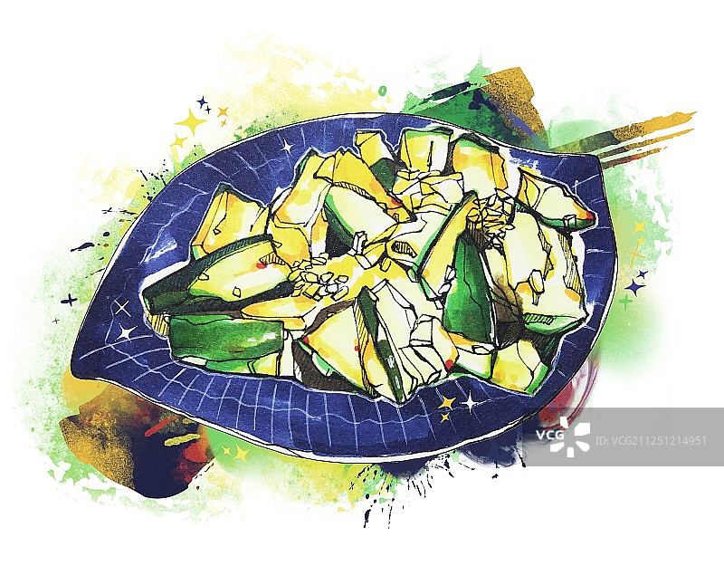 马克笔美食手绘插画  健康蔬菜 凉拌黄瓜拍黄瓜蓝色碟有背景图片素材