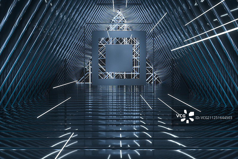 黑暗隧道与科技感线条，三维渲染图片素材