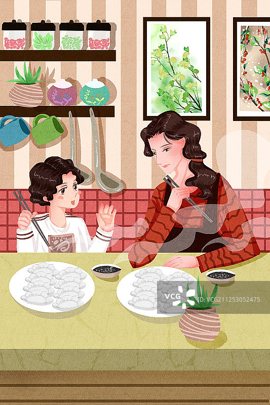 二十四节气冬至妈妈和孩子吃饺子插画图片素材