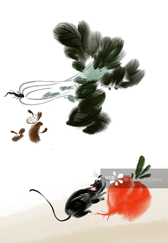 中国水墨插画鼠年吉祥题材竹报平安图片素材