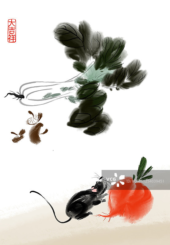 中国水墨插画鼠年吉祥题材竹报平安图片素材