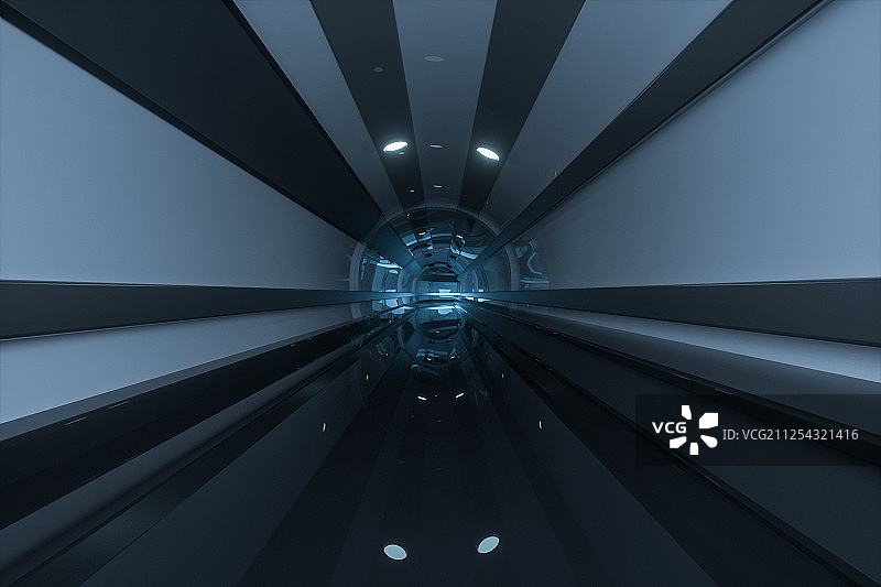 黑暗室内的科技感隧道 三维渲染图片素材