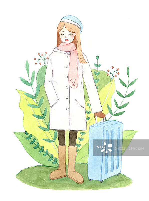 手绘冬天一个拉着行李箱站立的少女水彩插画图片素材