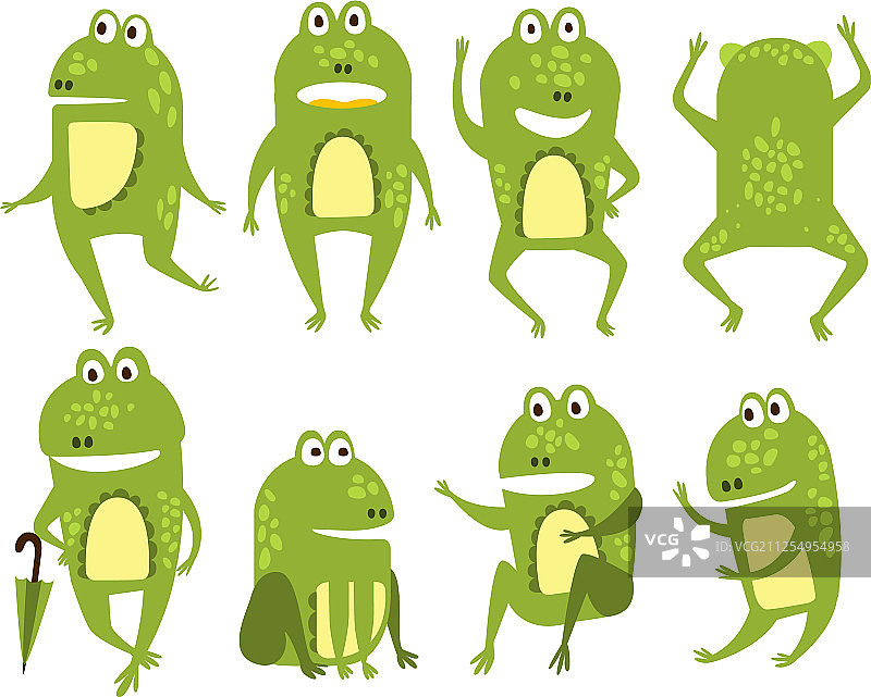 设置绿色青蛙在不同的姿势和图片素材