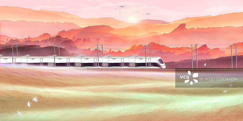 日落时太阳照在远方山峰上，高铁行驶在草原上插画背景图片素材