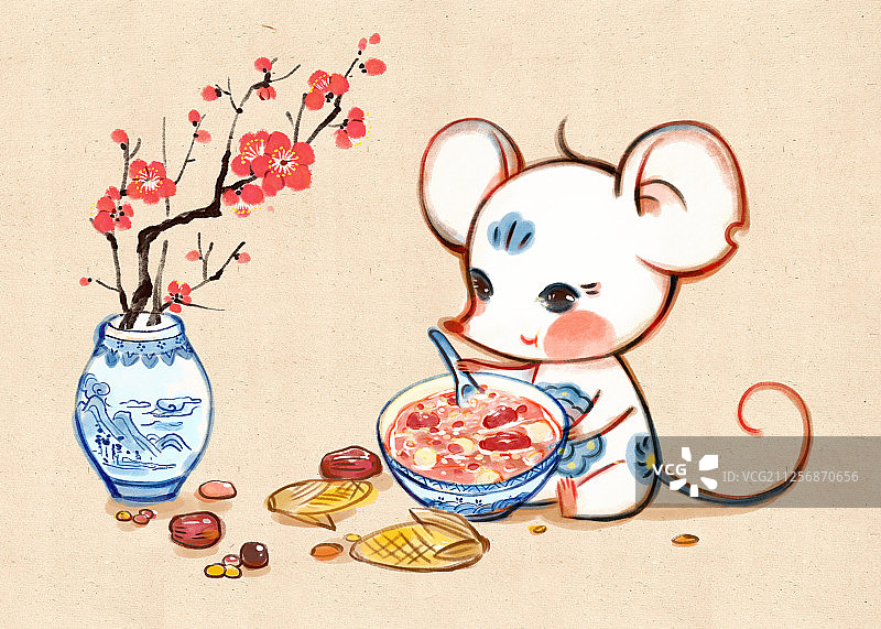 小老鼠吃腊八粥水墨画图片素材
