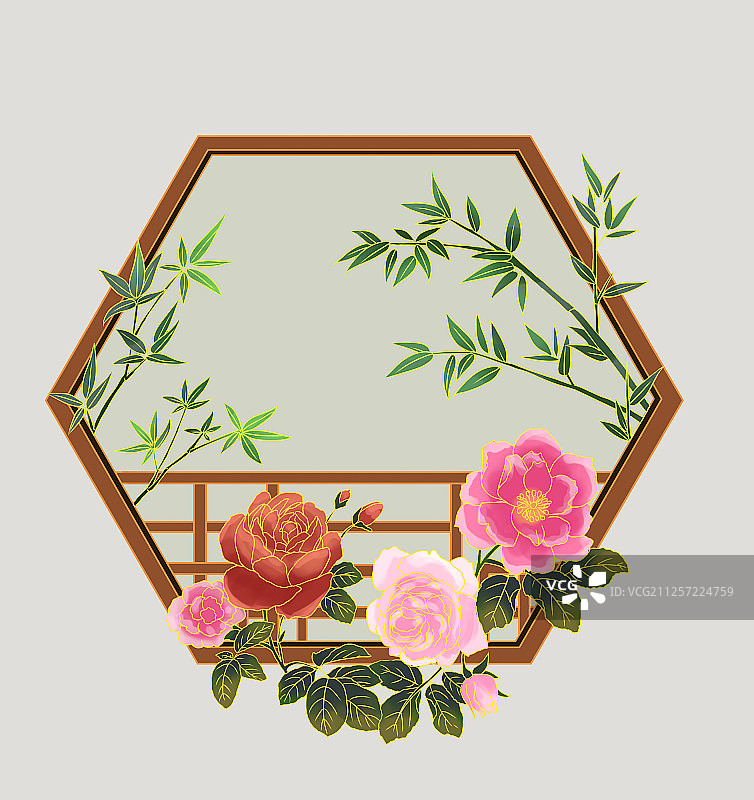 中国风古典窗户牡丹花卉插画图片素材