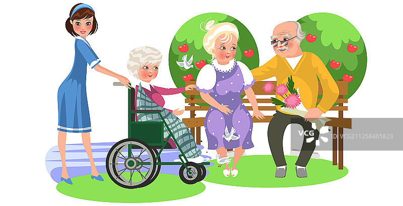 护士和坐轮椅的老太太的卡通海报图片素材