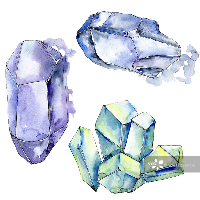 彩色钻石石矿物首饰。水彩背景设置。孤立晶体插图元素。图片素材