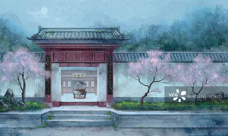 中国风古风建筑风景夜景插画图片素材