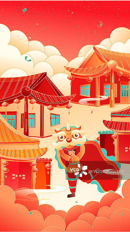 卡通2020年元旦除夕新年春节舞狮中国风背景矢量插画图片素材