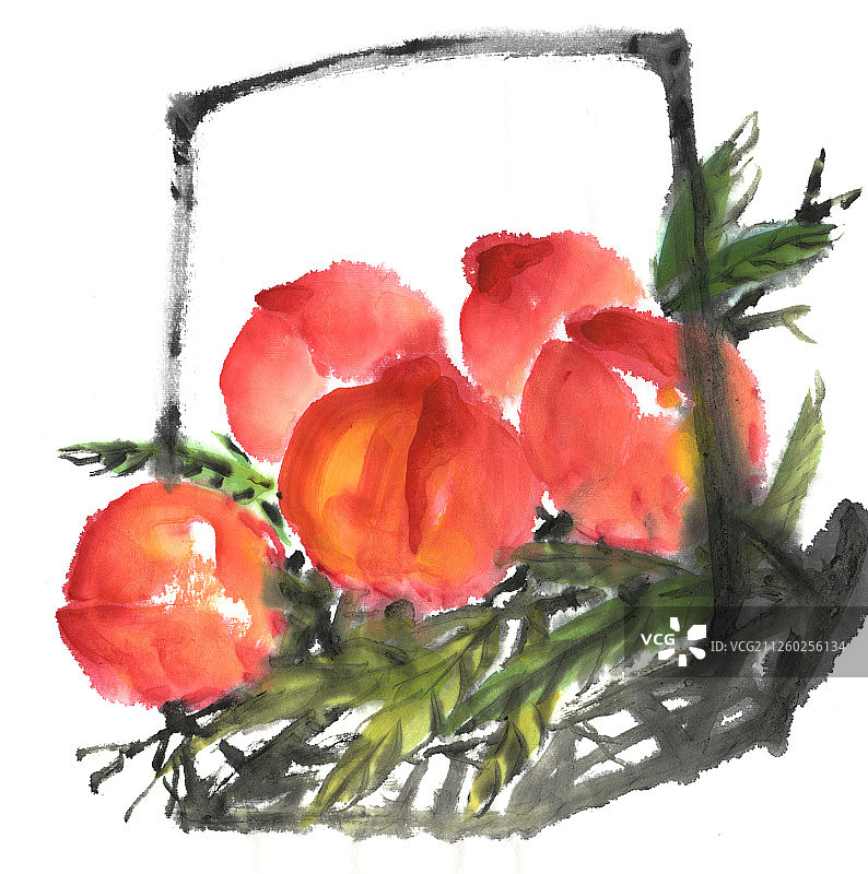 国画水墨插画-篮子里的水蜜桃寿桃图片素材