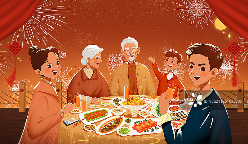 春节吃年夜饭的一家人 新年合家欢吃团圆饭红色调插画横版图片素材