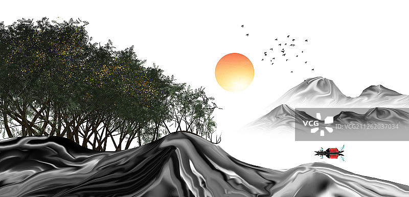 手绘中国风意境水墨山水画新中式背景图片素材