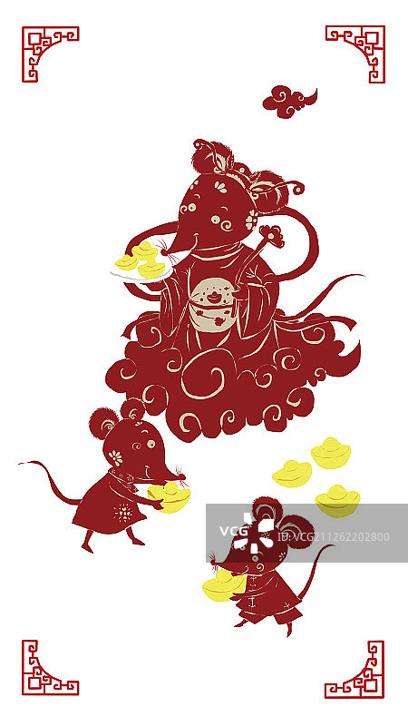 中国风剪纸风2020鼠年春节年俗系列-大年初五迎财神中国风剪图片素材