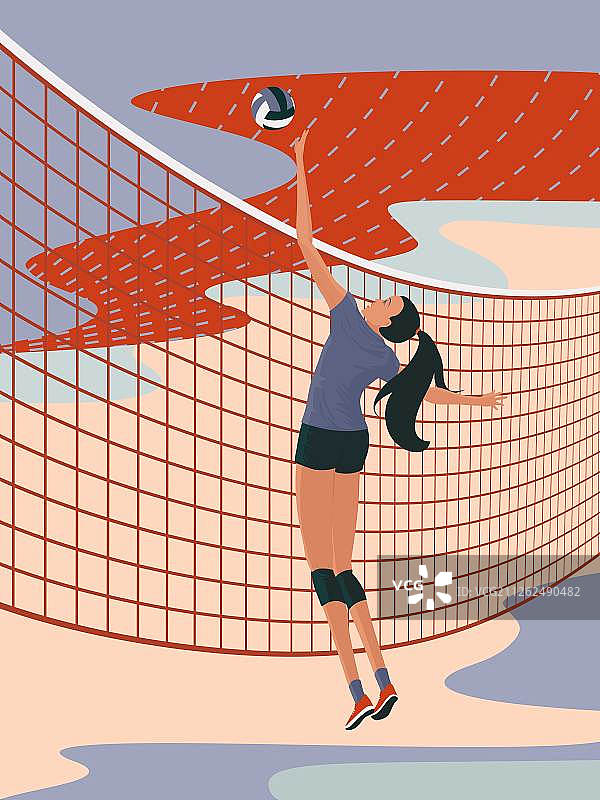 女排运动员跳跃拦网吊球矢量图图片素材