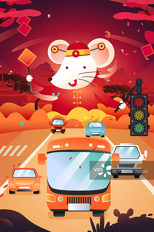 卡通2020鼠年除夕新年春节春运老鼠吉祥物中国风矢量插画图片素材