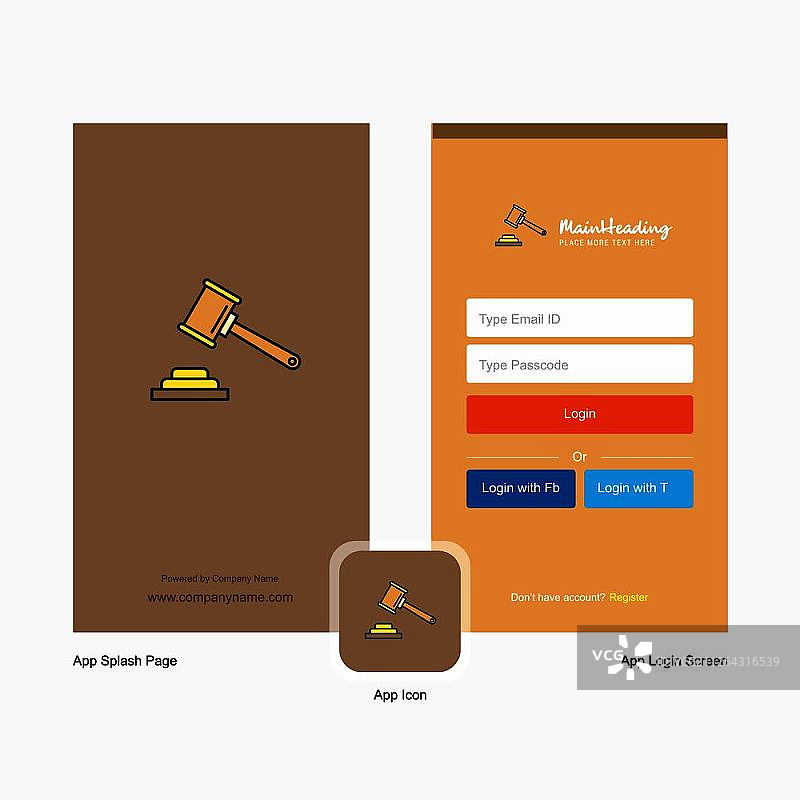 公司锤子启动屏幕和登录页面设计与标志模板。移动网上业务模板图片素材
