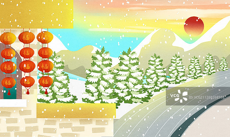 春节冬天下雪楼房阳台插画背景图片素材