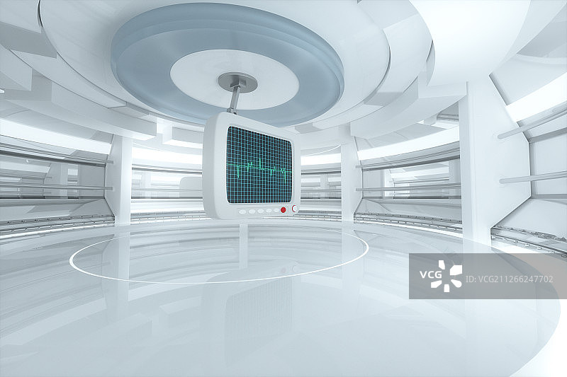 科幻房间内绿色屏幕上的心脏图曲线 三维渲染图片素材
