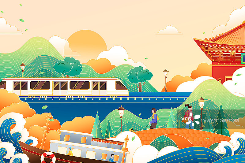 卡通新年回家春运高铁动车城市出行礼包活动中国风矢量背景插画图片素材