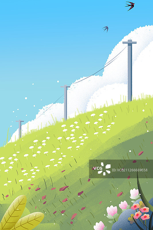 卡通手绘春天男孩躺在绿色草地斜坡场景插画图片素材