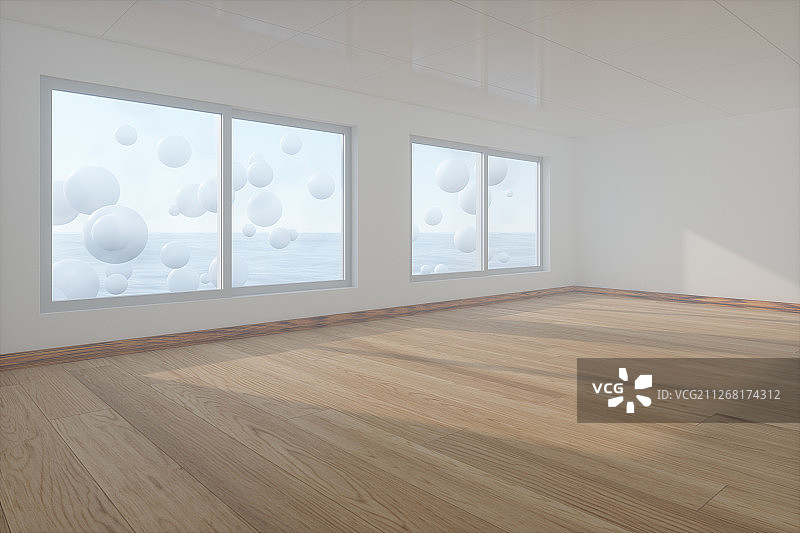 空房间与窗外的水面上悬浮的球体 三维渲染图片素材