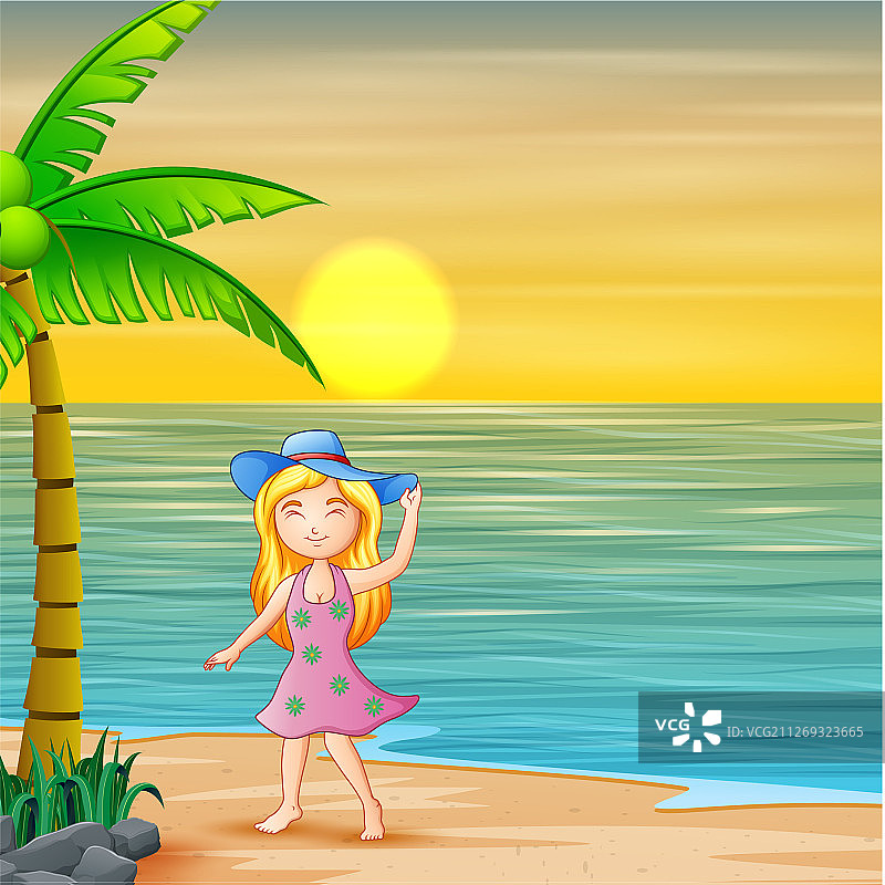 日落时分，一个戴着蓝帽子的女孩站在海滩上图片素材