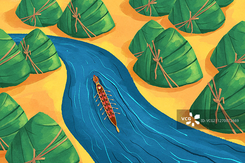 端午节粽子和龙舟插画横版2图片素材