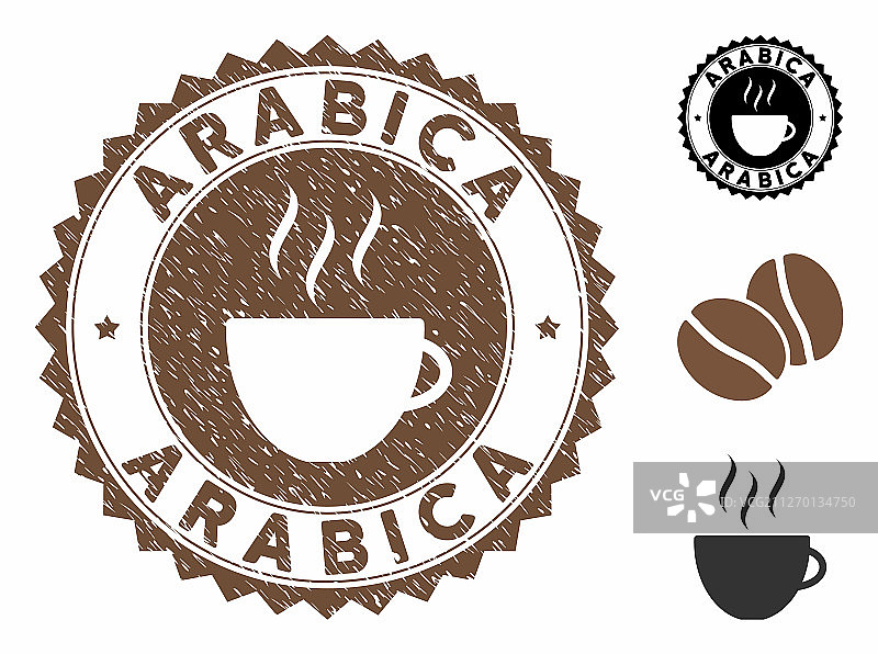 垃圾纹理的阿拉比卡邮票印章与咖啡杯图片素材