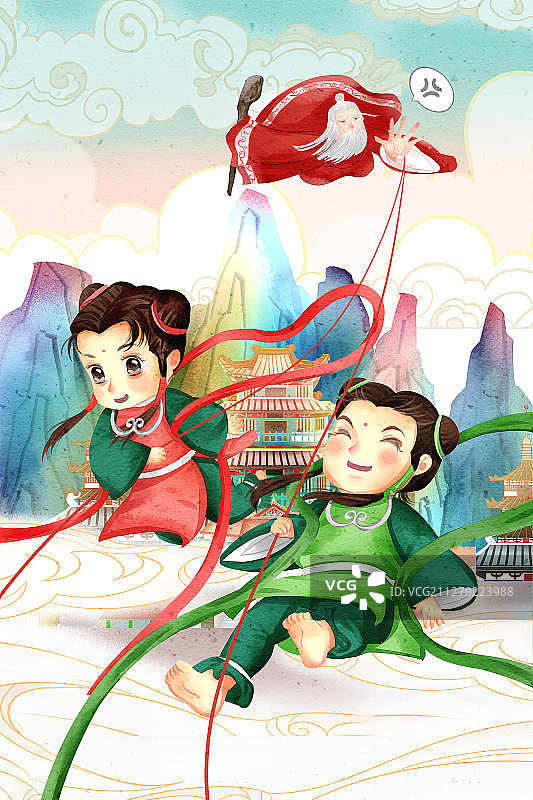 中国风中国传统节日可爱的仙童过七夕节牵红线插画图片素材