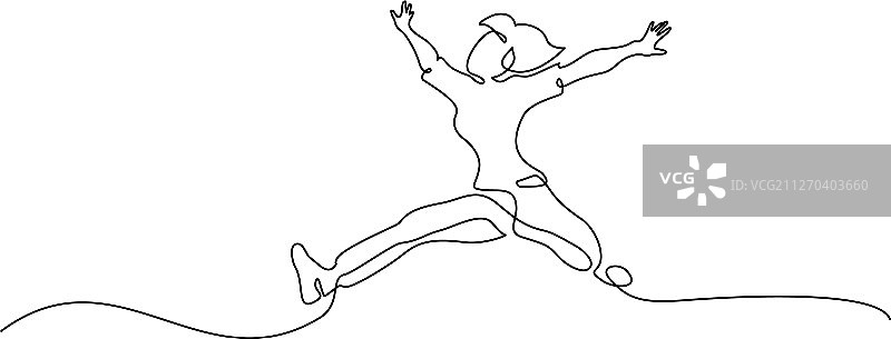快乐跳跃的女人连续画了一条线图片素材