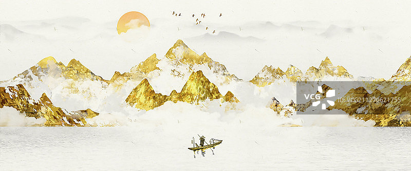 现代手绘抽象山水画鎏金装饰画 金色山水图片素材