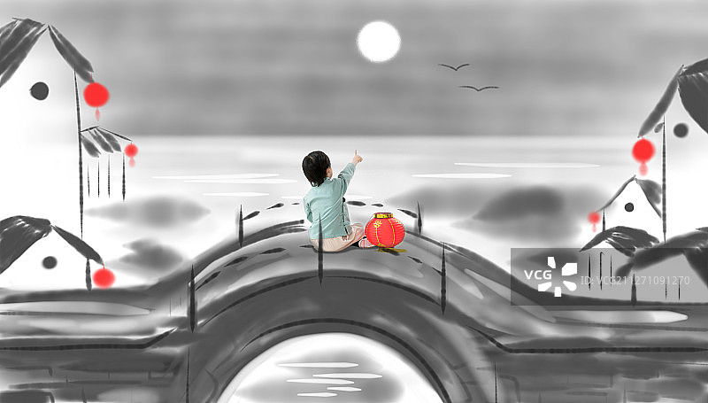 小男孩坐在桥上看月亮图片素材