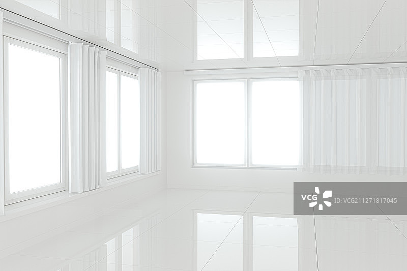 有窗帘的纯白色的房间 三维渲染图片素材