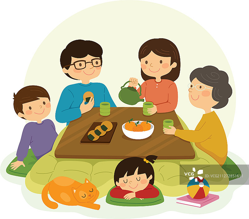日本家庭在kotatsu附近图片素材